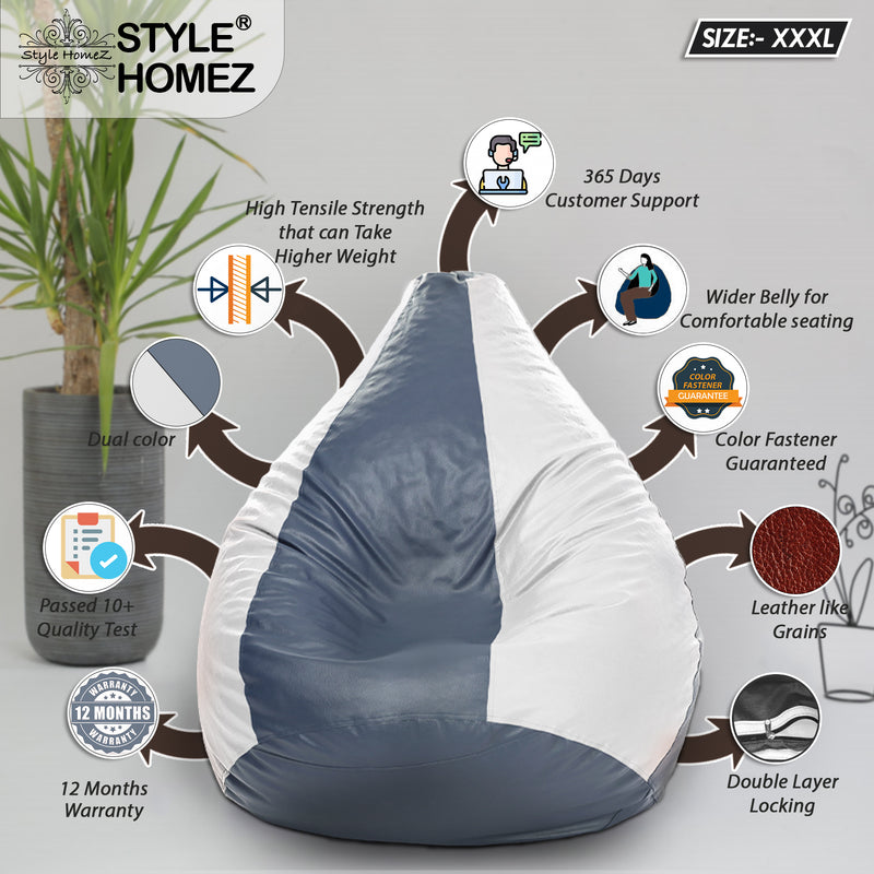 Style Homez Premium Leatherette Classic Bean Bag Size XXXL Grey White Color, Cover Only