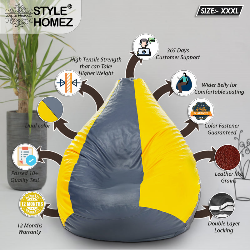 Style Homez Premium Leatherette Classic Bean Bag XXXL Size Grey Yellow Color Filled with Beans Fillers