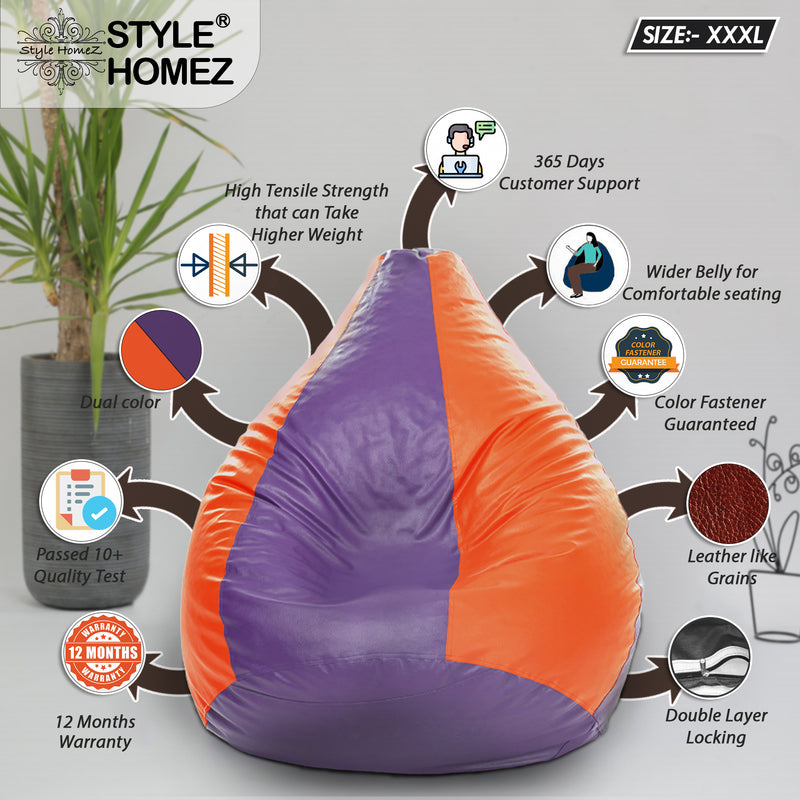 Style Homez Premium Leatherette Classic Bean Bag Size XXXL Purple Orange Color, Cover Only