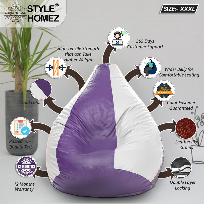 Style Homez Premium Leatherette Classic Bean Bag XXXL Size Purple White Color Filled with Beans Fillers