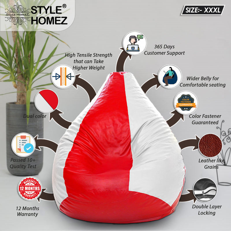 Style Homez Premium Leatherette Classic Bean Bag XXXL Size Red White Color Filled with Beans Fillers