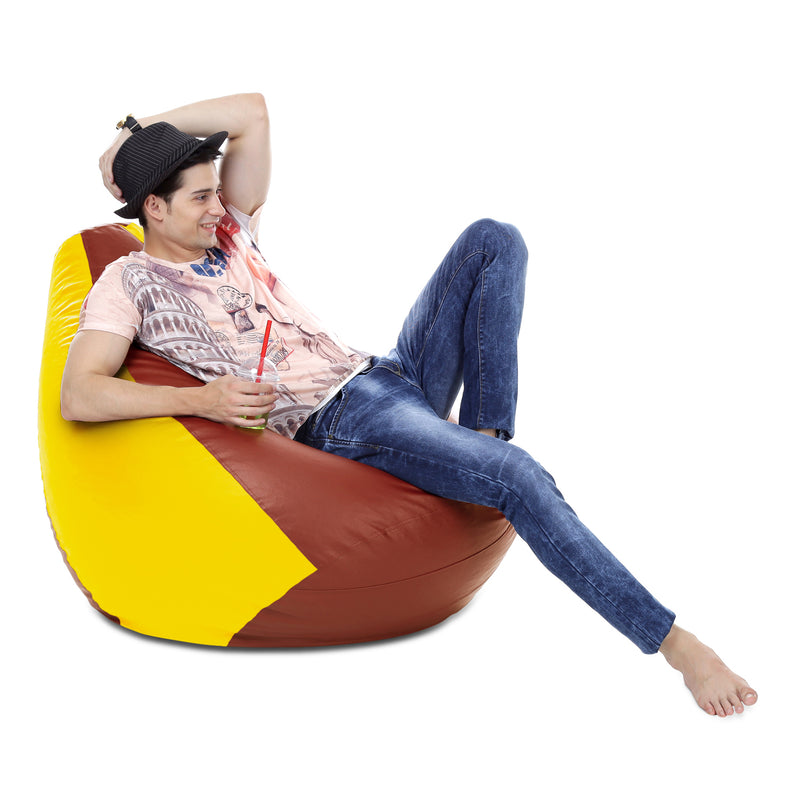 Style Homez Premium Leatherette Classic Bean Bag XXXL Size Tan Yellow Color Filled with Beans Fillers