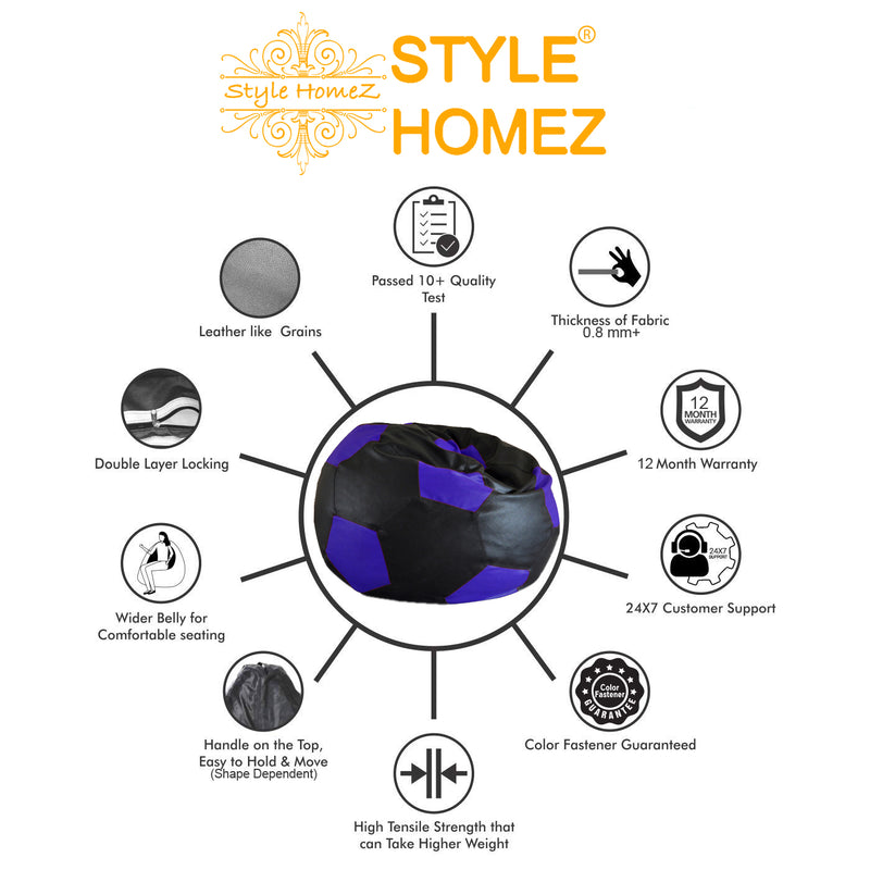 Style Homez Premium Leatherette Football Bean Bag XXL Size Black-Blue Color Filled with Beans Fillers