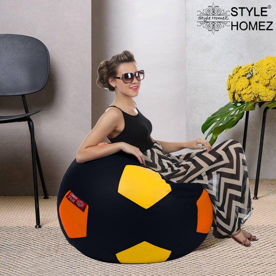Style Homez Premium Leatherette Football Bean Bag XXXL Size Black-Orange-Yellow Color, Cover Only