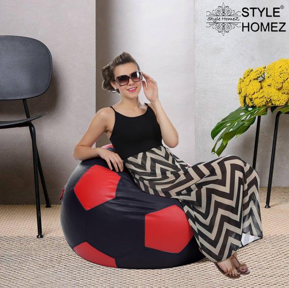 Style Homez Premium Leatherette Football Bean Bag XXXL Size Black-Red Color, Cover Only
