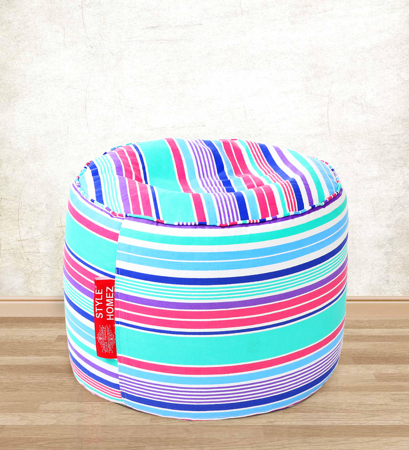 Style Homez Round Cotton Canvas Stripes Printed Bean Bag Ottoman Stool Large with Beans, Multi Color