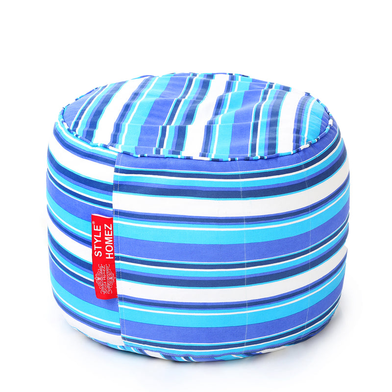 Style Homez Round Cotton Canvas Stripes Printed Bean Bag Ottoman Stool Large with Beans, Blue Color
