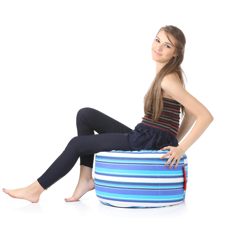 Style Homez Round Cotton Canvas Stripes Printed Bean Bag Ottoman Stool Large Cover Only, Blue Color