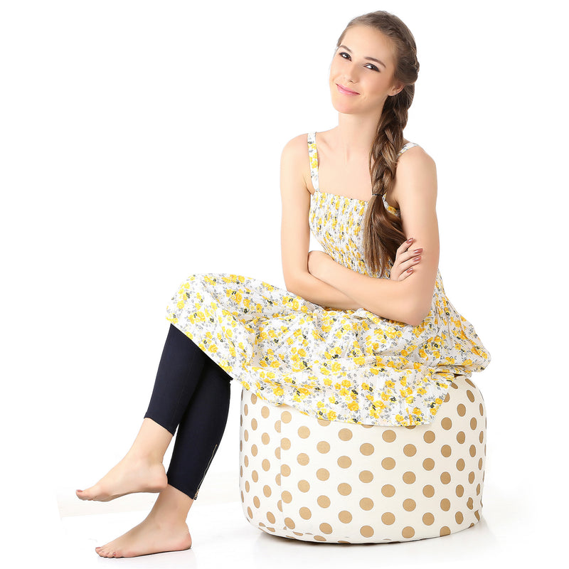 Style Homez Round Cotton Canvas Polka Dots Printed Bean Bag Ottoman Stool Large with Beans, Gold Color