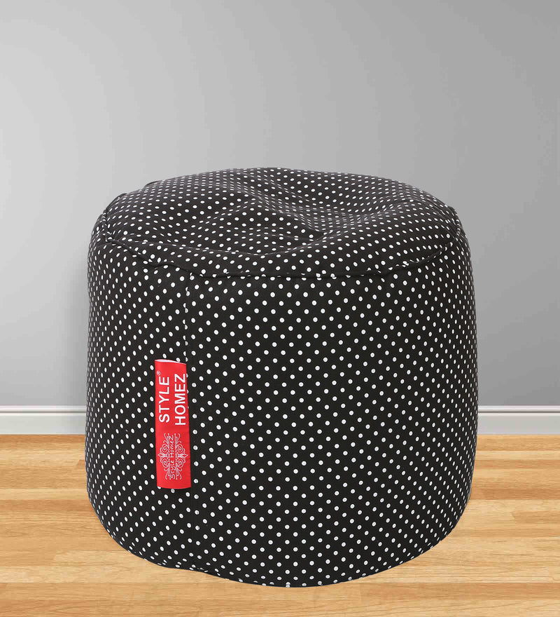 Style Homez Round Cotton Canvas Polka Dots Printed Bean Bag Ottoman Stool Large Cover Only, Black Color