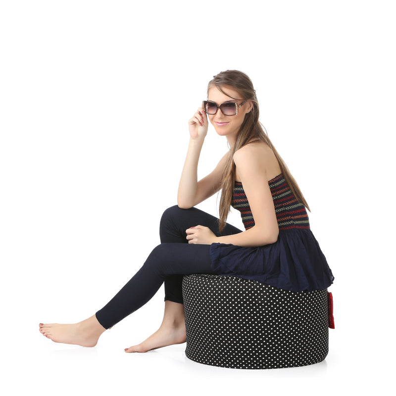 Style Homez Round Cotton Canvas Polka Dots Printed Bean Bag Ottoman Stool Large with Beans, Black Color