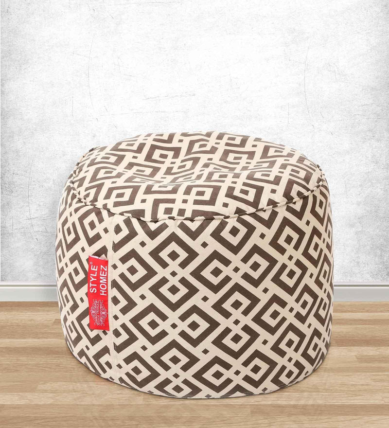 Style Homez Round Cotton Canvas Geometric Printed Bean Bag Ottoman Stool Large Cover Only, Brown Color