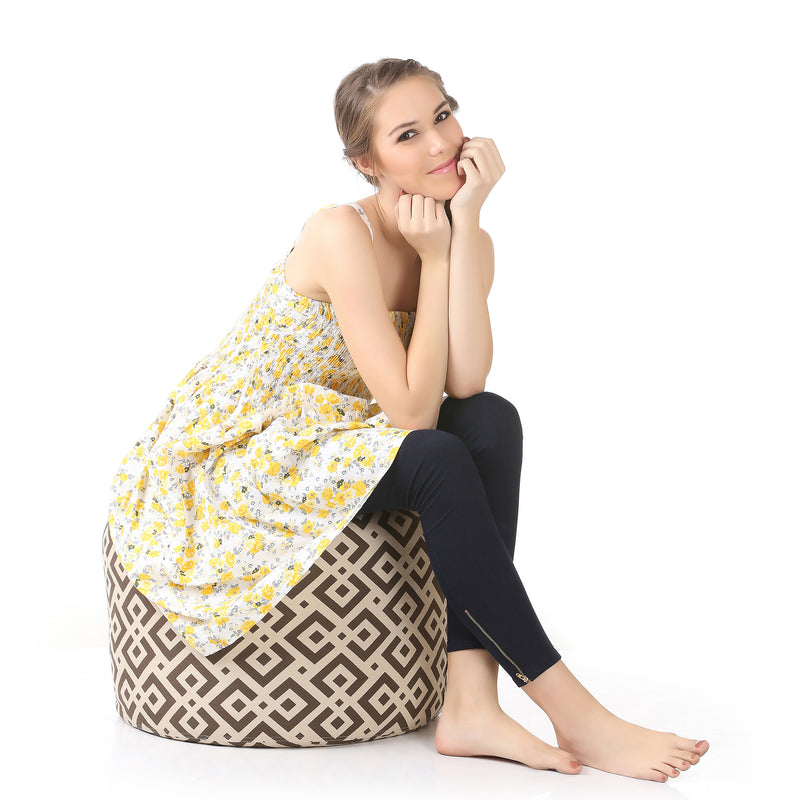Style Homez Round Cotton Canvas Geometric Printed Bean Bag Ottoman Stool Large with Beans, Brown Color