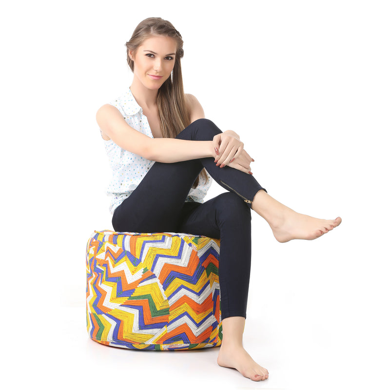 Style Homez Round Cotton Canvas Geometric Printed Bean Bag Ottoman Stool Large Cover Only, Multi Color