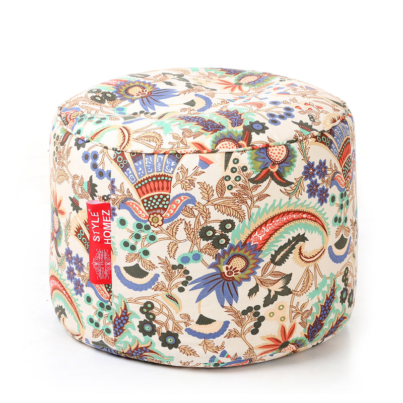 Style Homez Round Cotton Canvas Floral Printed Bean Bag Ottoman Stool Large Cover Only, Multi Color