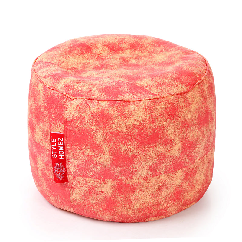 Style Homez Round Cotton Canvas Abstract Printed Bean Bag Ottoman Stool Large with Beans, Red Cream Color
