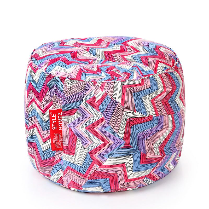 Style Homez Round Cotton Canvas Geometric Printed Bean Bag Ottoman Stool Large with Beans, Multi Color