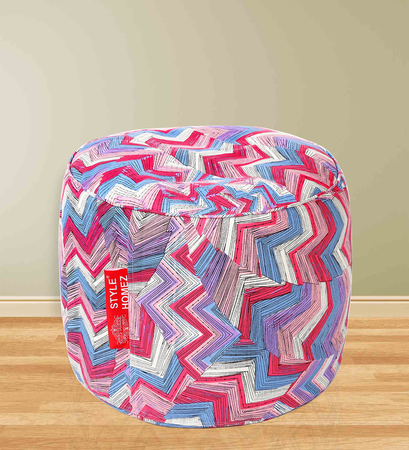 Style Homez Round Cotton Canvas Geometric Printed Bean Bag Ottoman Stool Large with Beans, Multi Color