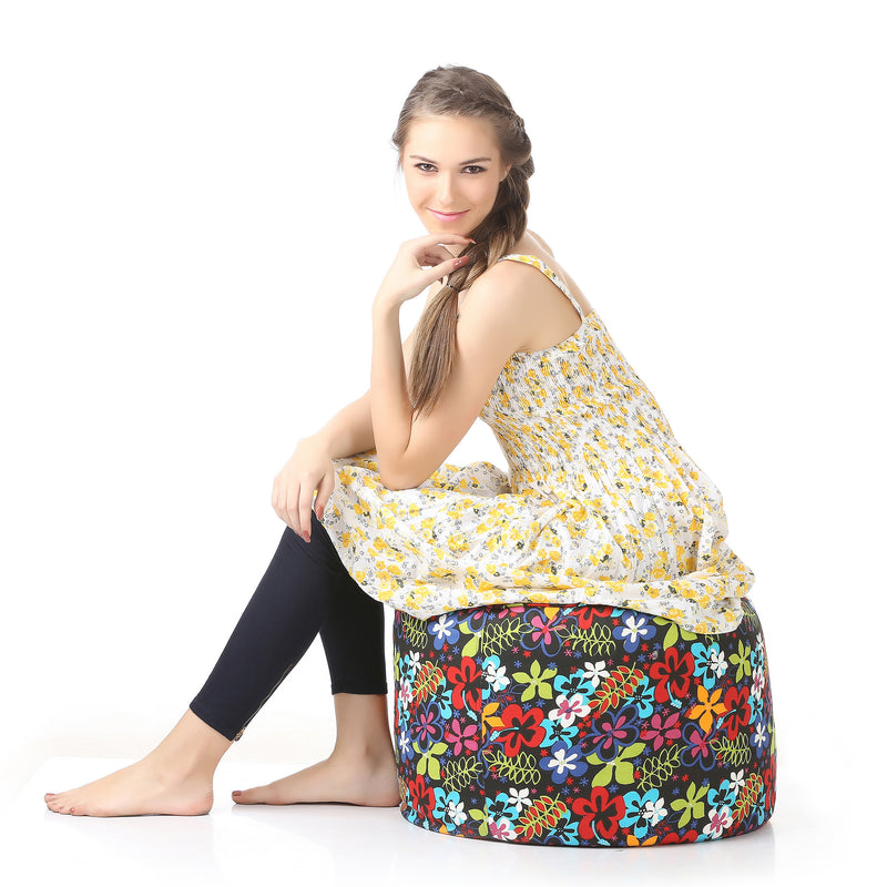 Style Homez Round Cotton Canvas Floral Printed Bean Bag Ottoman Stool Large with Beans, Multi Color