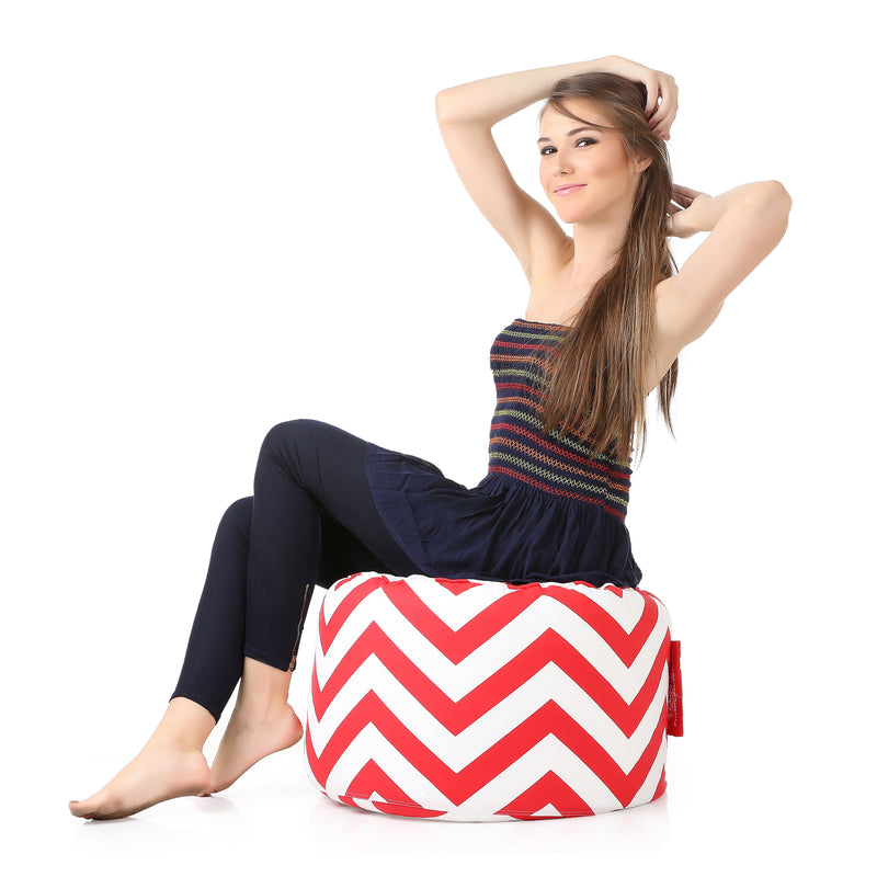 Style Homez Round Cotton Canvas Stripes Printed Bean Bag Ottoman Stool Large Cover Only, Red Color