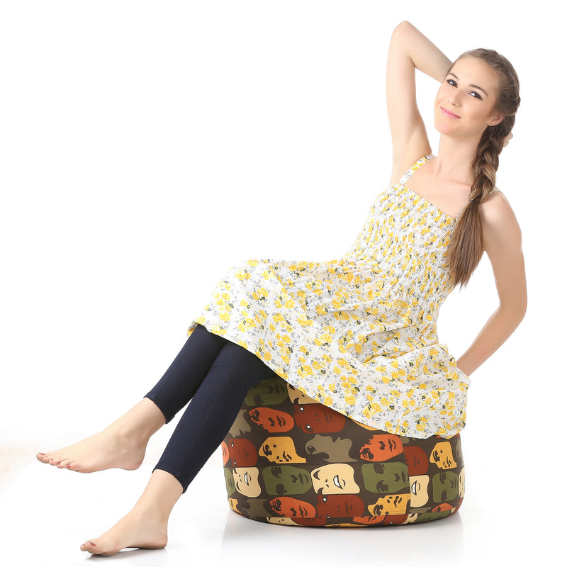 Style Homez Round Cotton Canvas Abstract Printed Bean Bag Ottoman Stool Large with Beans, Multi Color