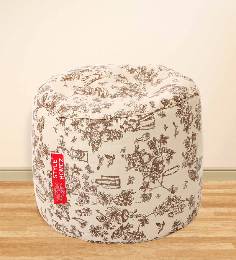Style Homez Round Cotton Canvas Abstract Printed Bean Bag Ottoman Stool Large Cover Only, Caramel Color