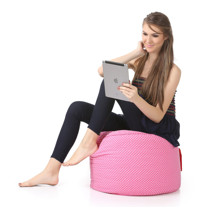 Style Homez Round Cotton Canvas Polka Dots Printed Bean Bag Ottoman Stool Large with Beans, Pink Color