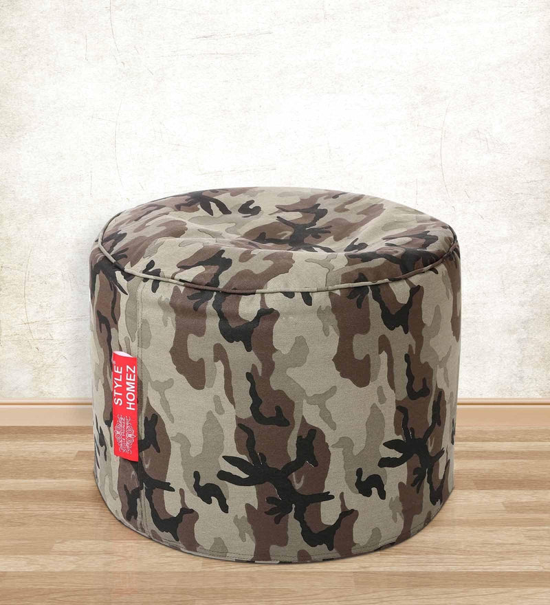 Style Homez Round Cotton Canvas Camouflage Printed Bean Bag Ottoman Stool Large with Beans, Multi Color