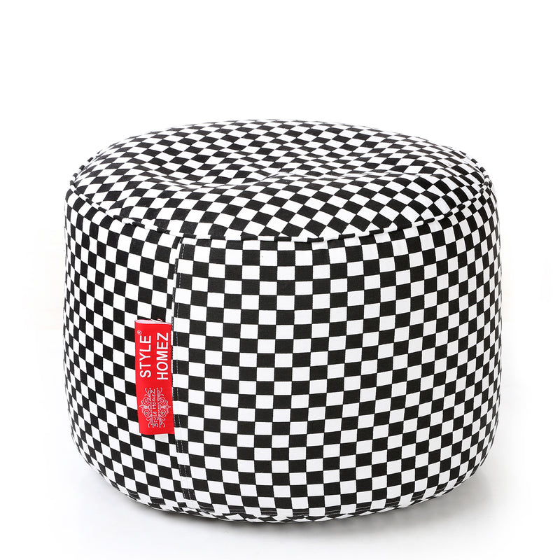 Style Homez Round Cotton Canvas Checkered Printed Bean Bag Ottoman Stool Large with Beans, White Black Color