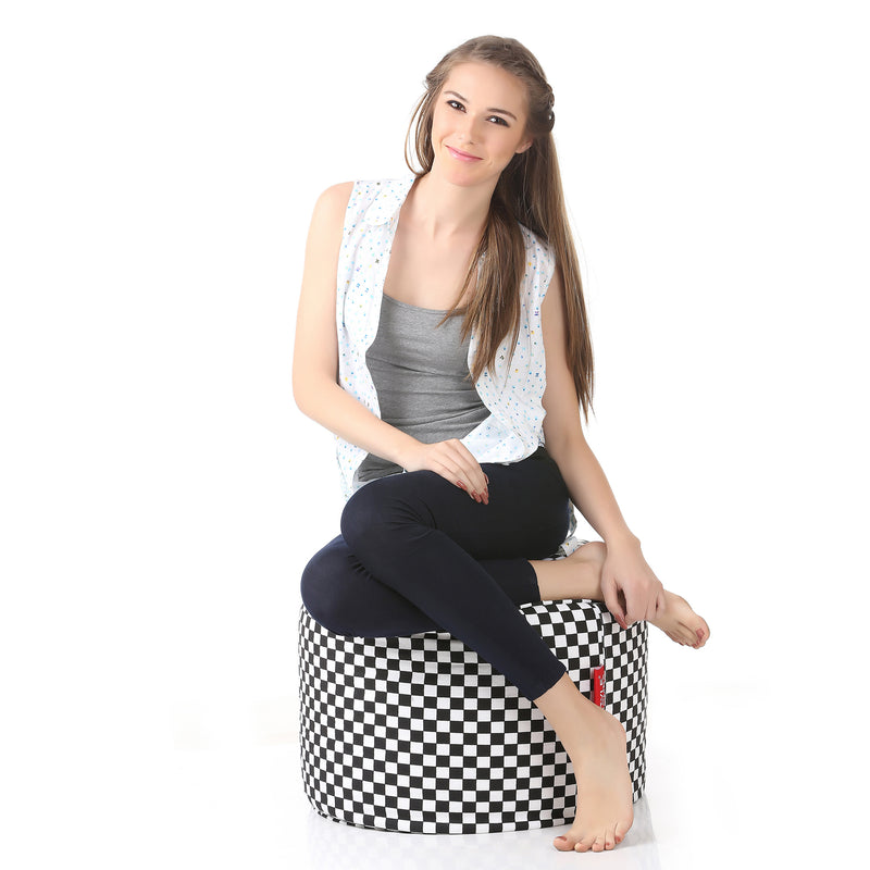 Style Homez Round Cotton Canvas Checkered Printed Bean Bag Ottoman Stool Large with Beans, White Black Color