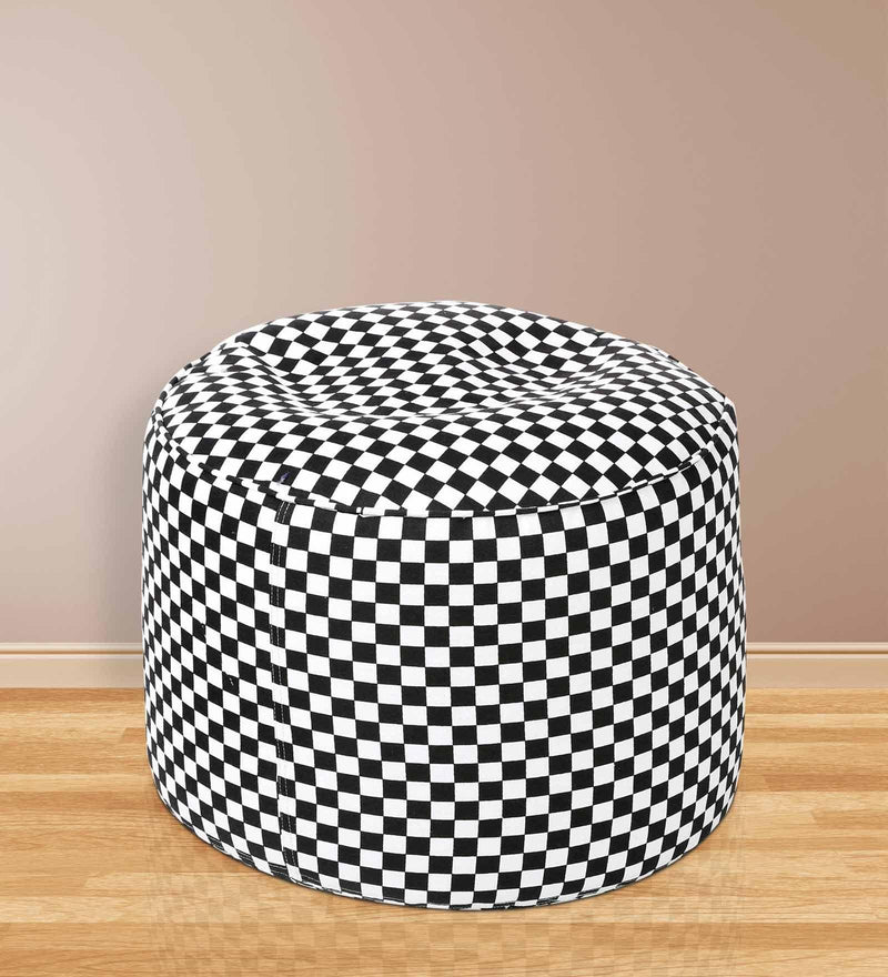 Style Homez Round Cotton Canvas Checkered Printed Bean Bag Ottoman Stool Large Cover Only, White Black Color