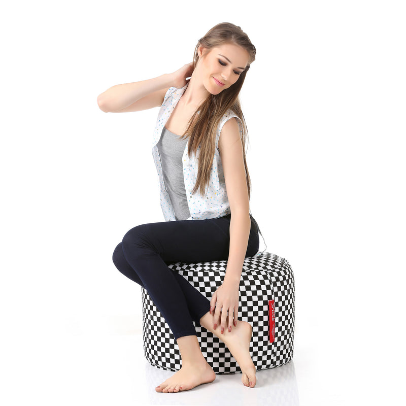Style Homez Round Cotton Canvas Checkered Printed Bean Bag Ottoman Stool Large Cover Only, White Black Color