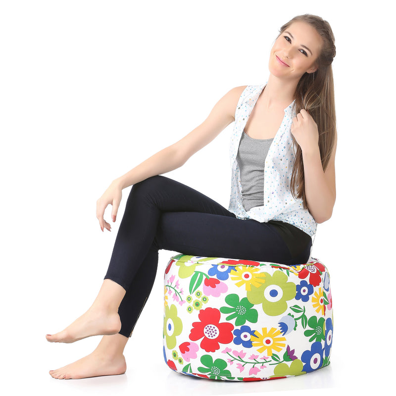 Style Homez Round Cotton Canvas Floral Printed Bean Bag Ottoman Stool Large with Beans, Multi Color