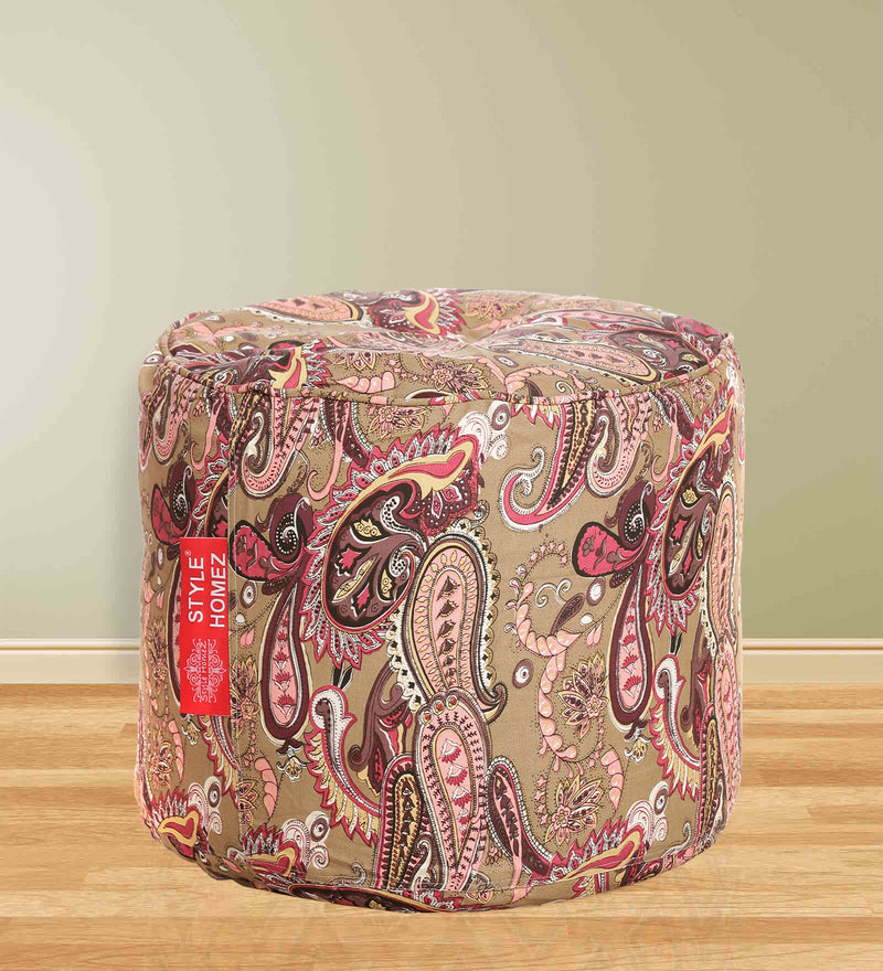 Style Homez Round Cotton Canvas Paisley Printed Bean Bag Ottoman Stool Large with Beans, Multi Color