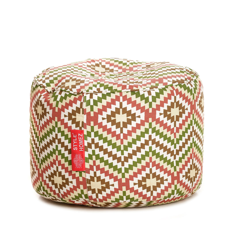 Style Homez Round Cotton Canvas IKAT Printed Bean Bag Ottoman Stool Large with Beans, Multi Color