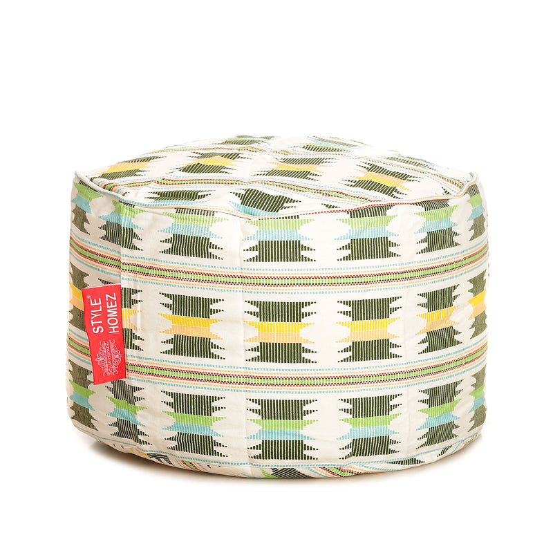 Style Homez Round Cotton Canvas IKAT Printed Bean Bag Ottoman Stool Large with Beans, Green Yellow Color
