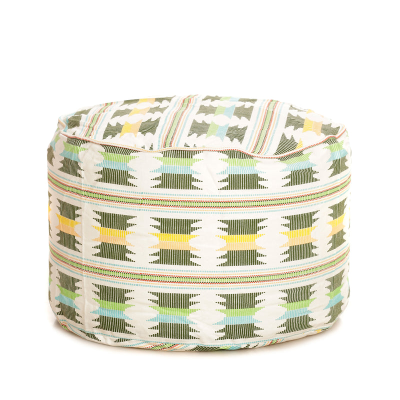 Style Homez Round Cotton Canvas IKAT Printed Bean Bag Ottoman Stool Large with Beans, Green Yellow Color