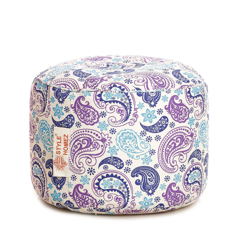 Style Homez Round Cotton Canvas Paisley Printed Bean Bag Ottoman Stool Large Cover Only, Blue Color