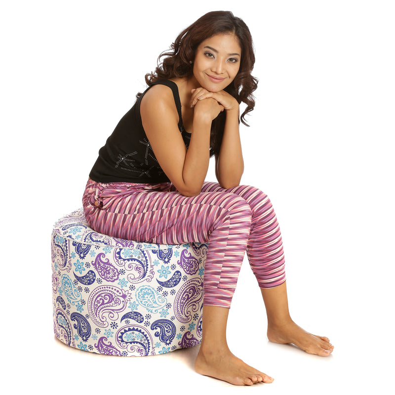 Style Homez Round Cotton Canvas Paisley Printed Bean Bag Ottoman Stool Large Cover Only, Blue Color