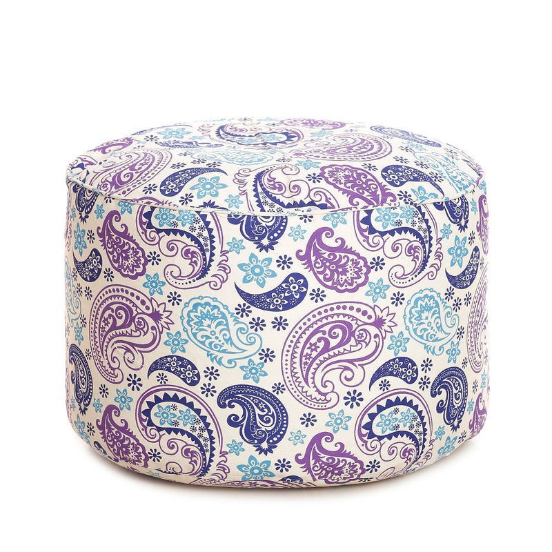 Style Homez Round Cotton Canvas Paisley Printed Bean Bag Ottoman Stool Large with Beans, Blue Color