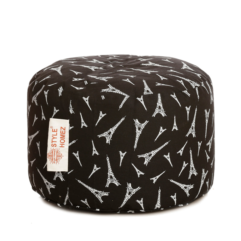 Style Homez Round Cotton Canvas Abstract Printed Bean Bag Ottoman Stool Large with Beans, Black Color