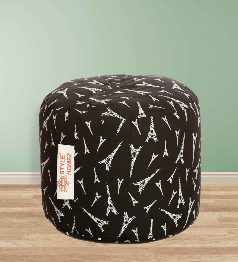 Style Homez Round Cotton Canvas Abstract Printed Bean Bag Ottoman Stool Large Cover Only, Black Color