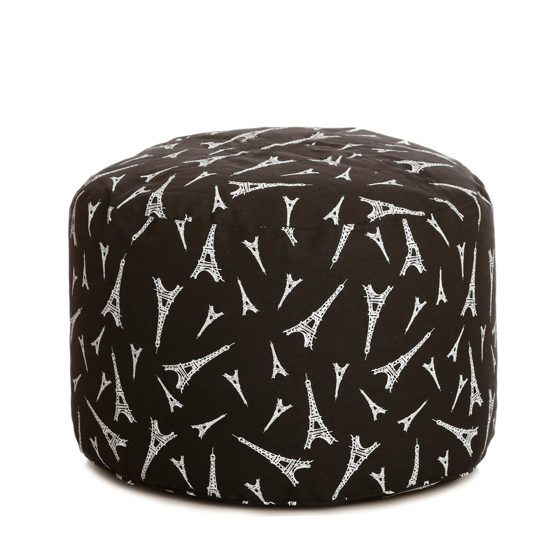 Style Homez Round Cotton Canvas Abstract Printed Bean Bag Ottoman Stool Large with Beans, Black Color