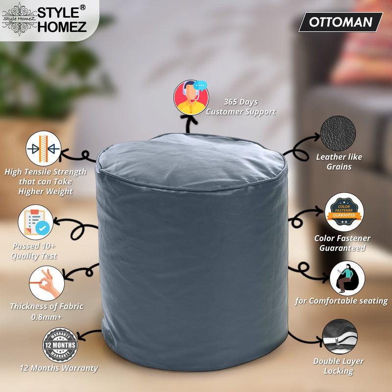 Style Homez Premium Leatherette Round Poof Bean Bag Ottoman Stool Large Size Grey Color Cover Only