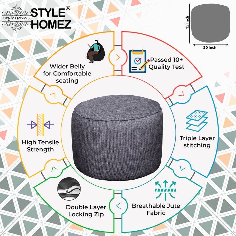 Style Homez ORGANIX Collection, Round Poof Bean Bag Ottoman Stool Large Size Grey Color in Organic Jute Fabric, Cover Only