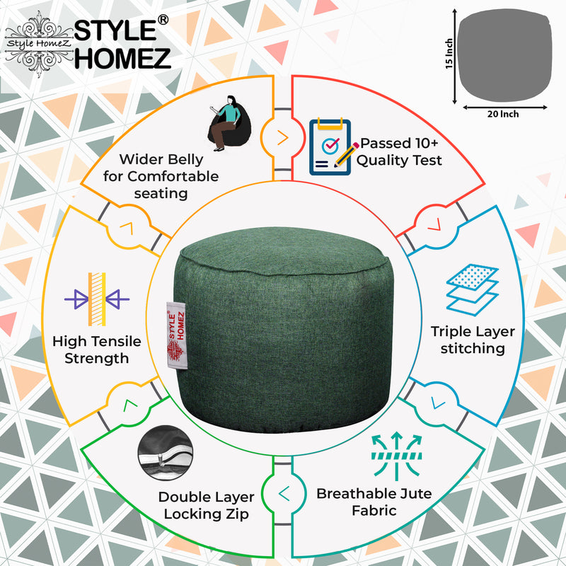 Style Homez ORGANIX Collection, Round Poof Bean Bag Ottoman Stool Large Size Green Color in Organic Jute Fabric, Cover Only