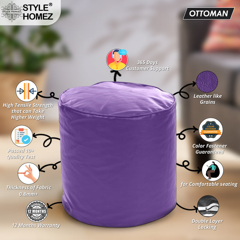 Style Homez Premium Leatherette Classic Poof Bean Bag Ottoman Stool Large Size Purple Color Filled with Beans Fillers