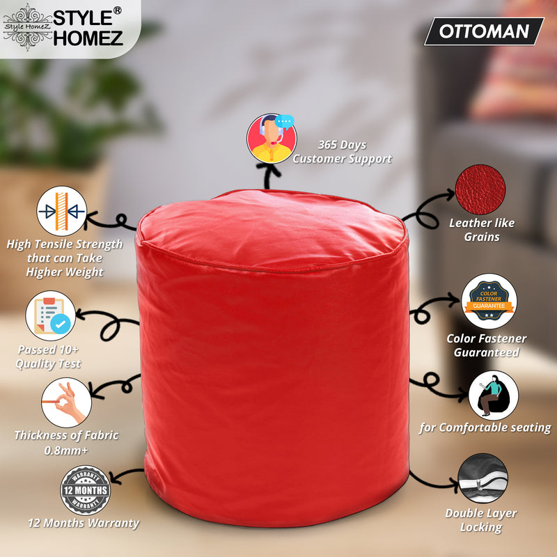 Style Homez Premium Leatherette Classic Poof Bean Bag Ottoman Stool Large Size Red Color Filled with Beans Fillers