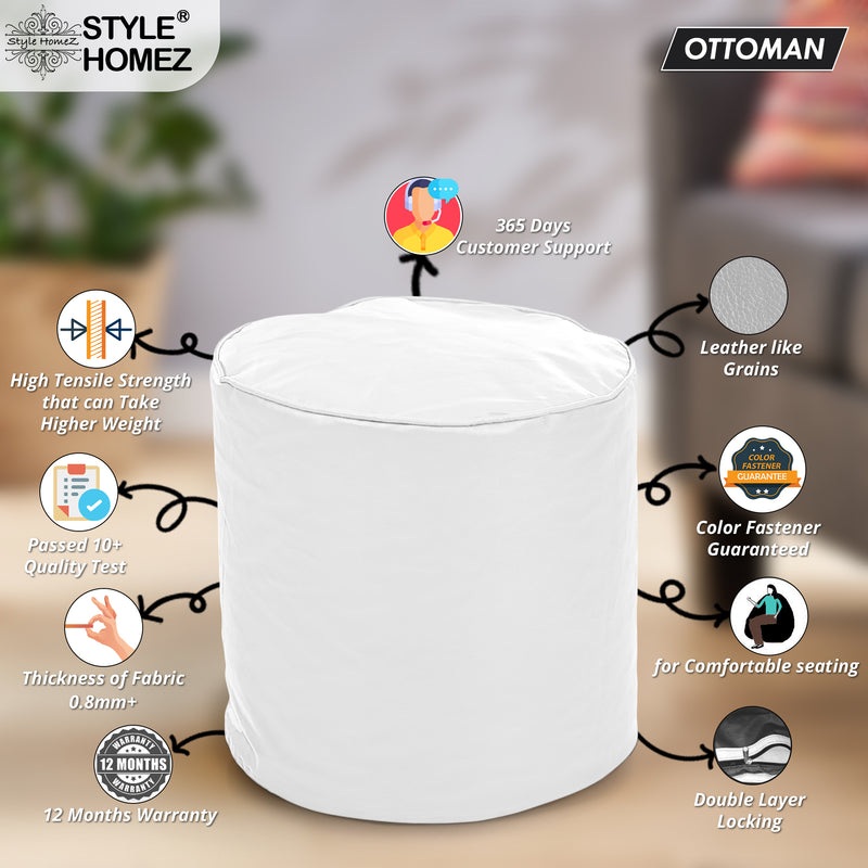 Style Homez Premium Leatherette Round Poof Bean Bag Ottoman Stool Large Size Elegant White Color Cover Only