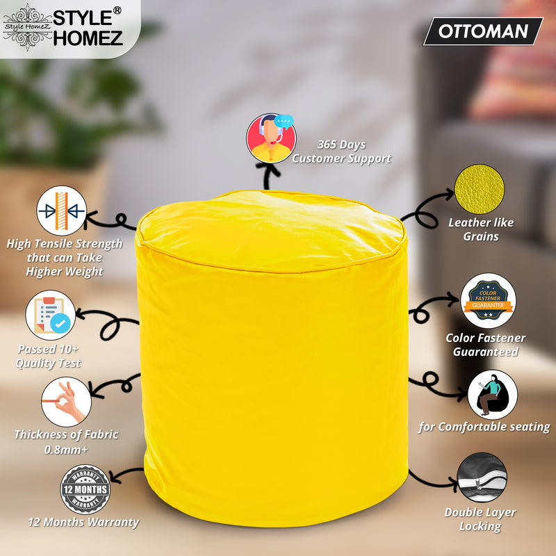 Style Homez Premium Leatherette Round Poof Bean Bag Ottoman Stool Large Size Yellow Color Cover Only